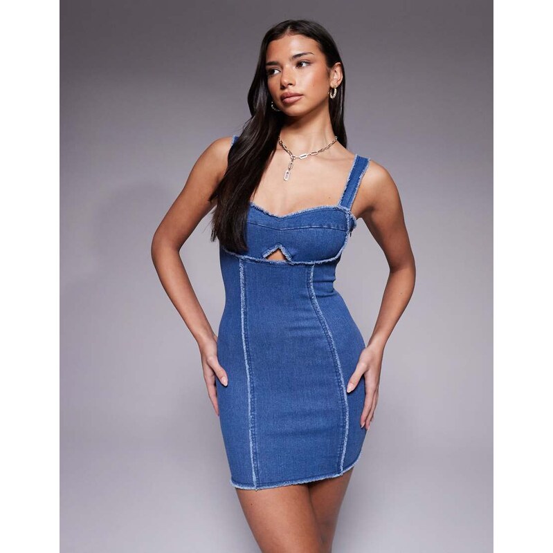 The Frolic exclusive denim raw edge seam detail mini dress in dark 115520679
