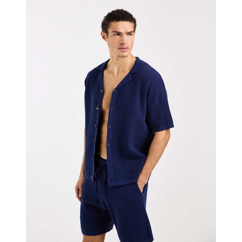 ASOS DESIGN relaxed knitted co-ord revere polo shirt in navy -
