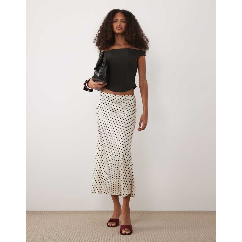 YAS satin midi skirt in cream and black spot print-White