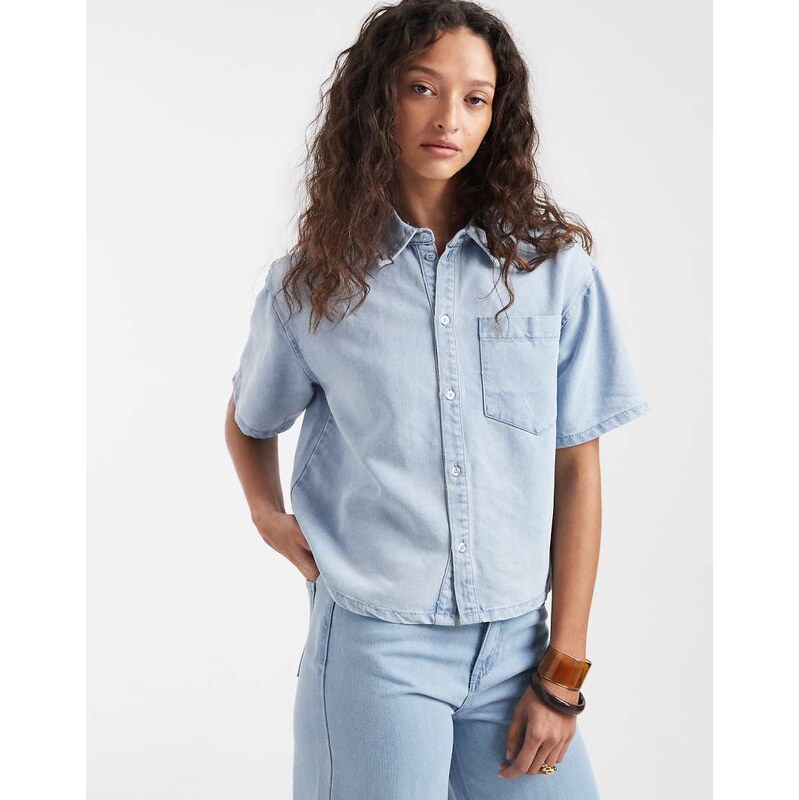 Pieces short sleeve denim shirt co-ord in light blue wash