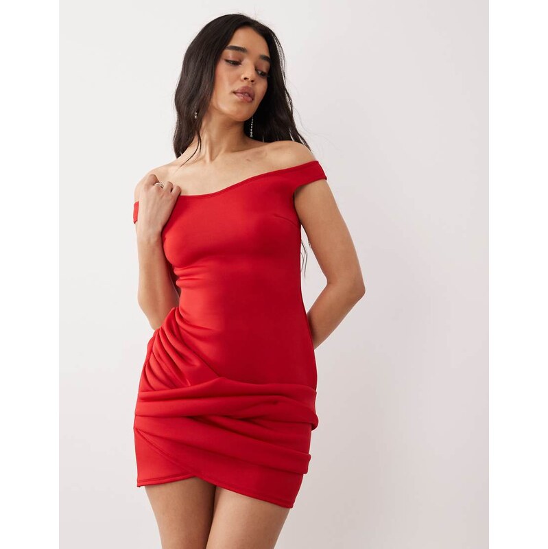 ASOS DESIGN v-bardot mini dress with manipulated skirt in red