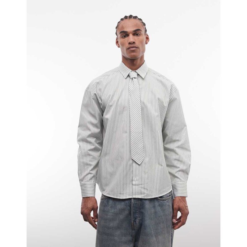 Reclaimed Vintage oversized shirt with tie in green pinstripe