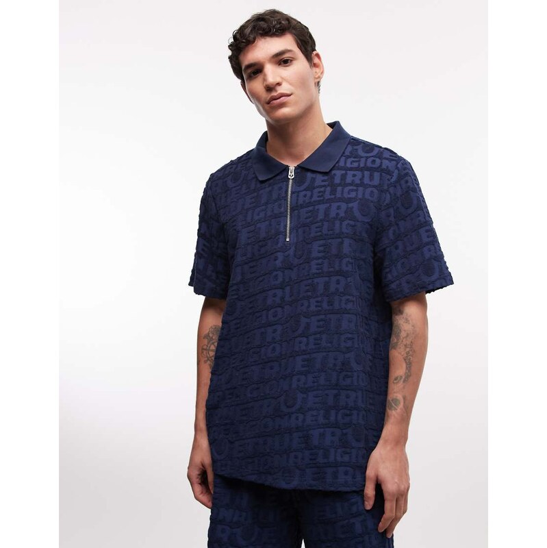 True Religion textured terry towelling logo polo shirt co-ord in