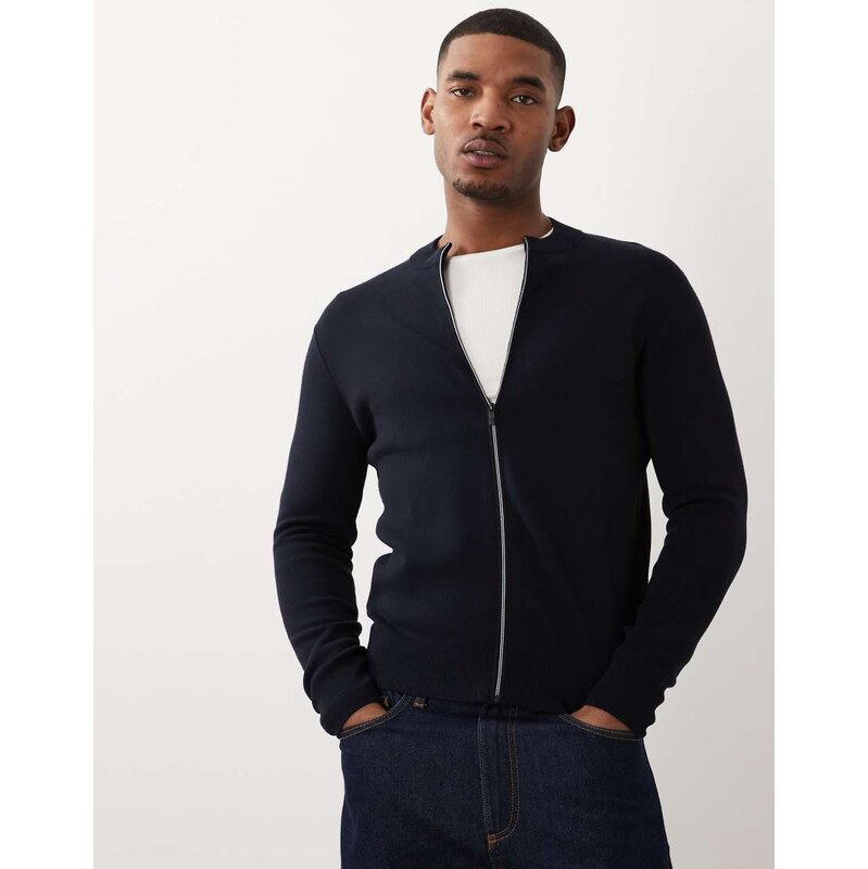 Mango mock neck zip through knitted cardigan in navy