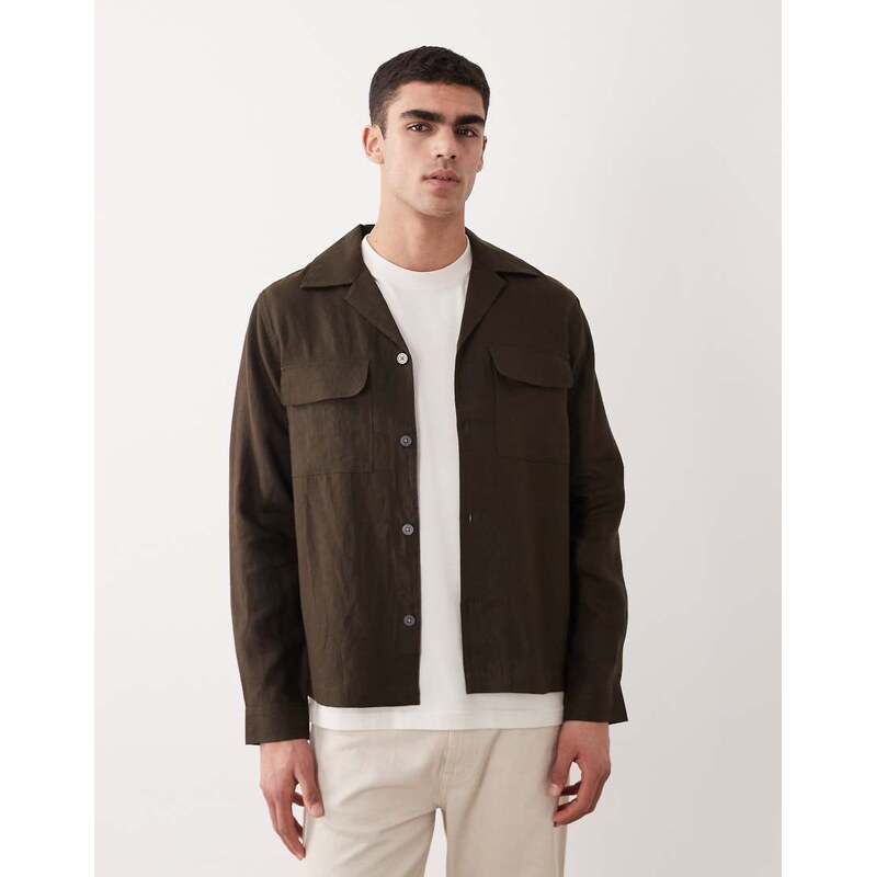 Mango essentials 100% linen button up shacket in chocolate brown