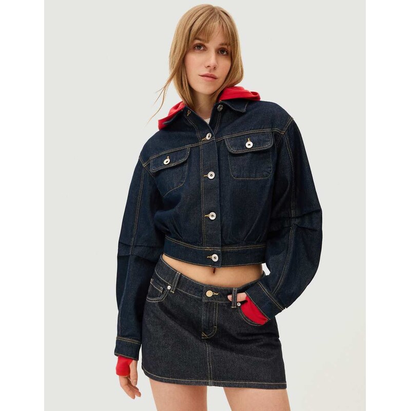 Bershka Cropped balloon denim jacket in blue-Navy 114448386