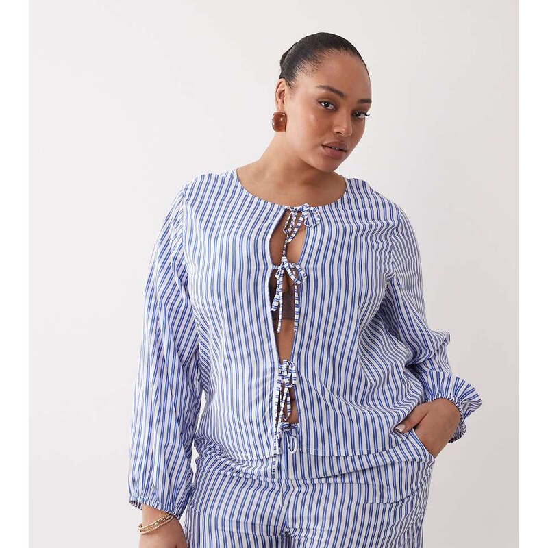 Esmee Curve tie front long sleeve beach top co-ord in blue &