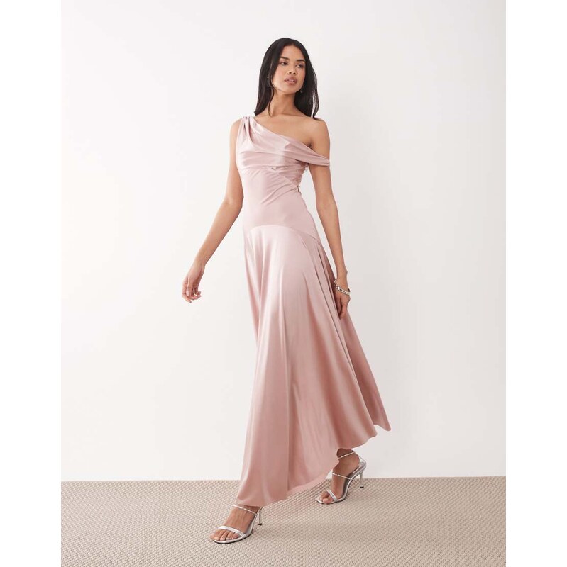 Rare London exclusive high shine satin drop waist maxi dress in blush 114385183