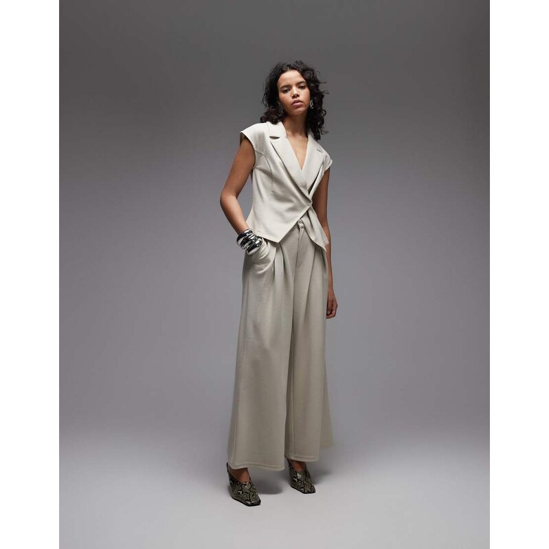 ASOS DESIGN co-ord jersey twill pleat wide leg trousers in stone