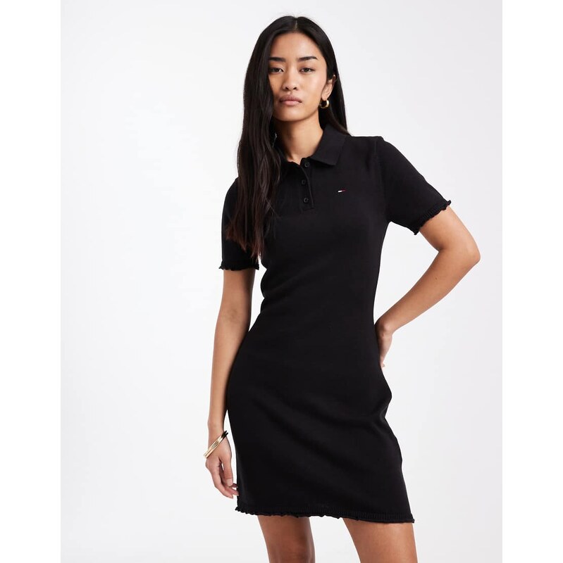 Tommy Jeans polo mini dress with lettuce edge detail in black