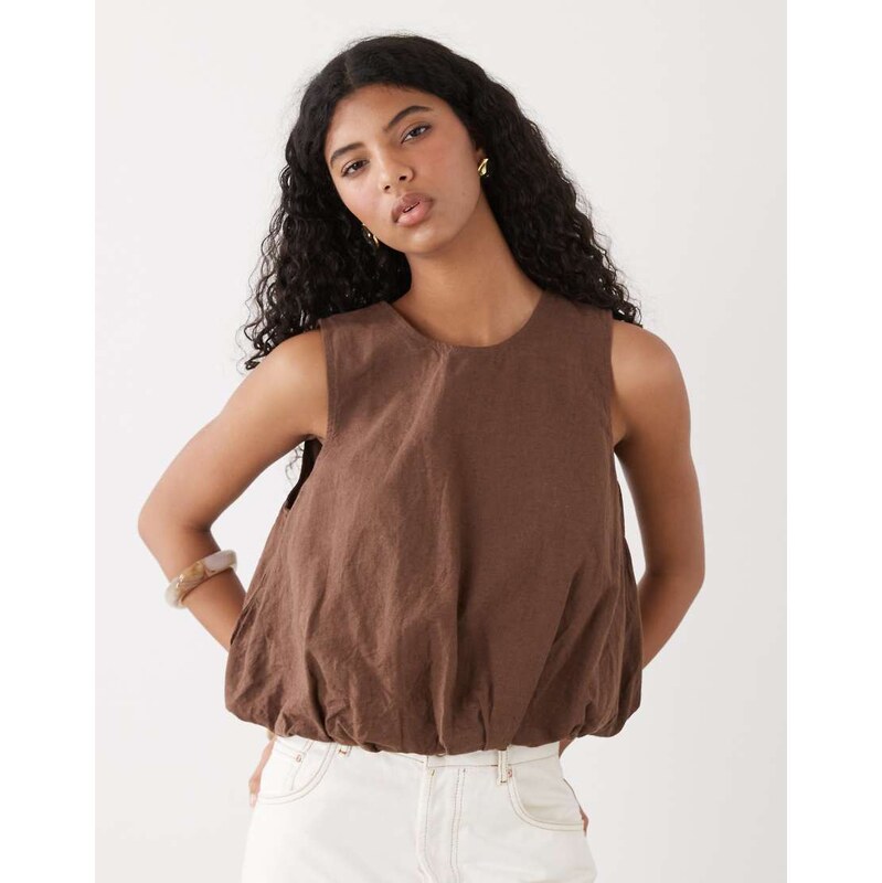 Monki linen blend bubble top in brown - BROWN