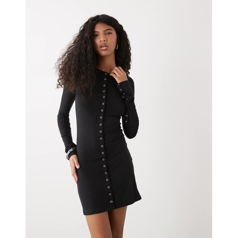 Weekday long sleeve mini dress with press stud detail in black