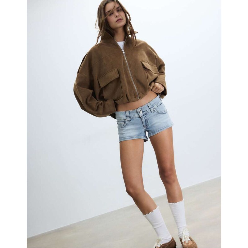 Stradivarius Denim micro shorts in medium light blue denim
