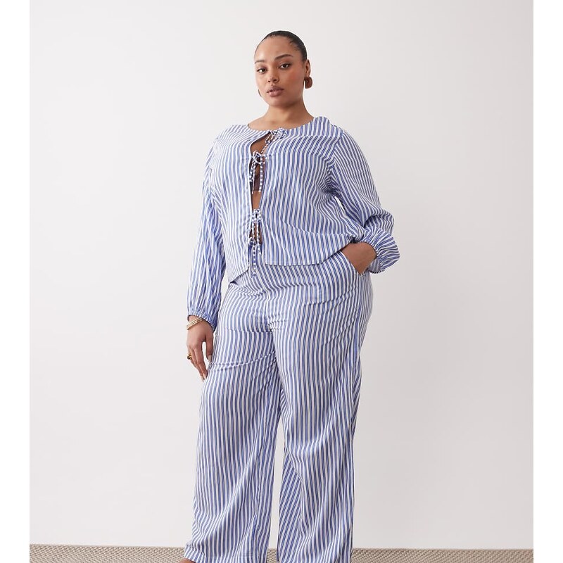 Esmee Curve tie front beach trouser co-ord in blue & white stripe 114377456