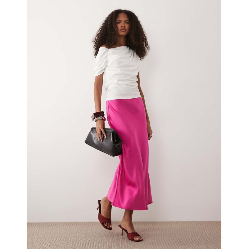 YAS satin midi skirt in bright pink 115521385