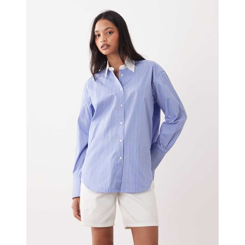 ARKET pure cotton shirt in blue and white stripe with contrast cuffs 114377660