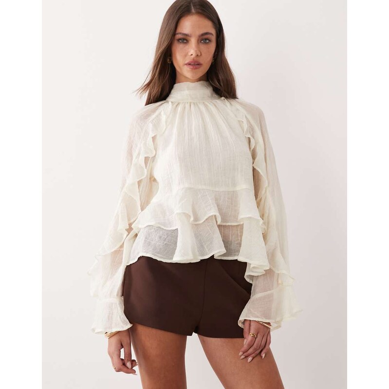 Gina Tricot high neck long sleeve ruffle blouse in off white