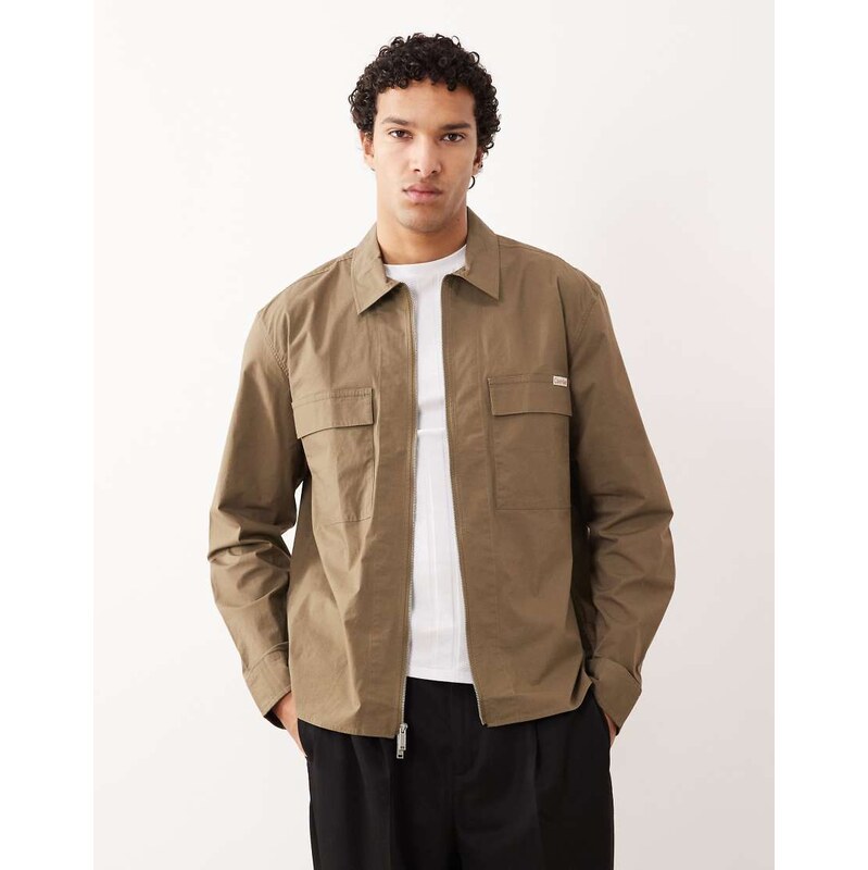 Calvin Klein Jeans easy zip through overshirt in tan-Green