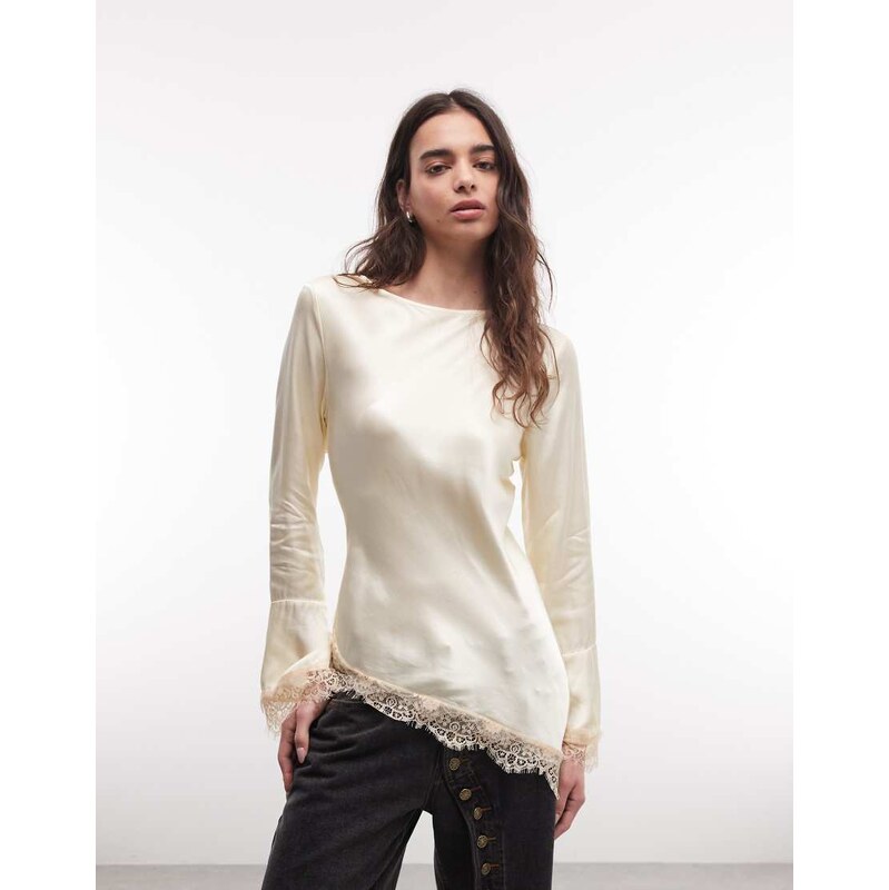 Reclaimed Vintage asymmetric satin blouse with flare sleeve in cream 114377663