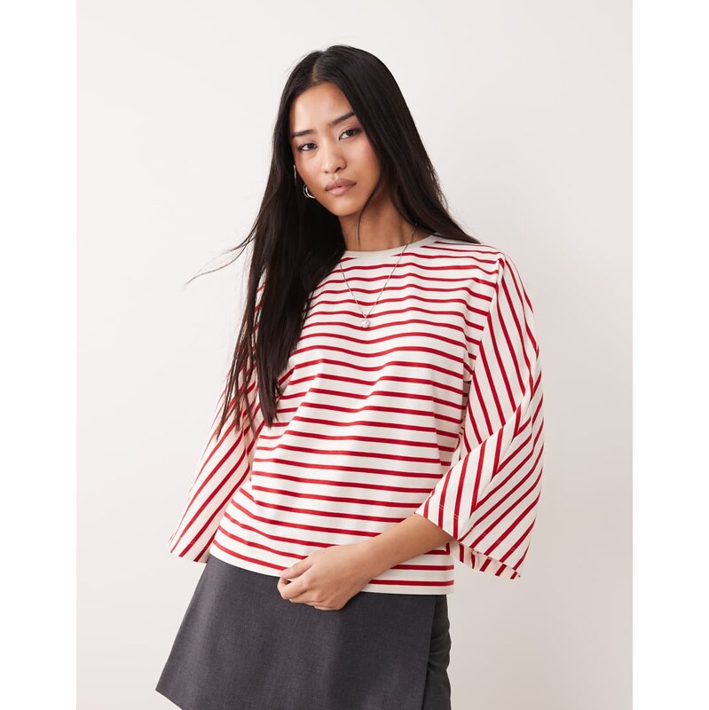 ASOS DESIGN oversized batwing sleeve top in red and white stripe-Multi