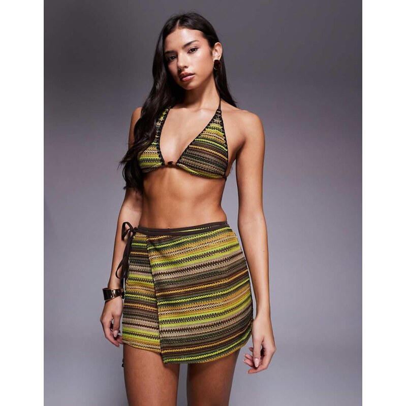 ASOS DESIGN Kenny crochet beach mini wrap skirt in multi stripe-Yellow
