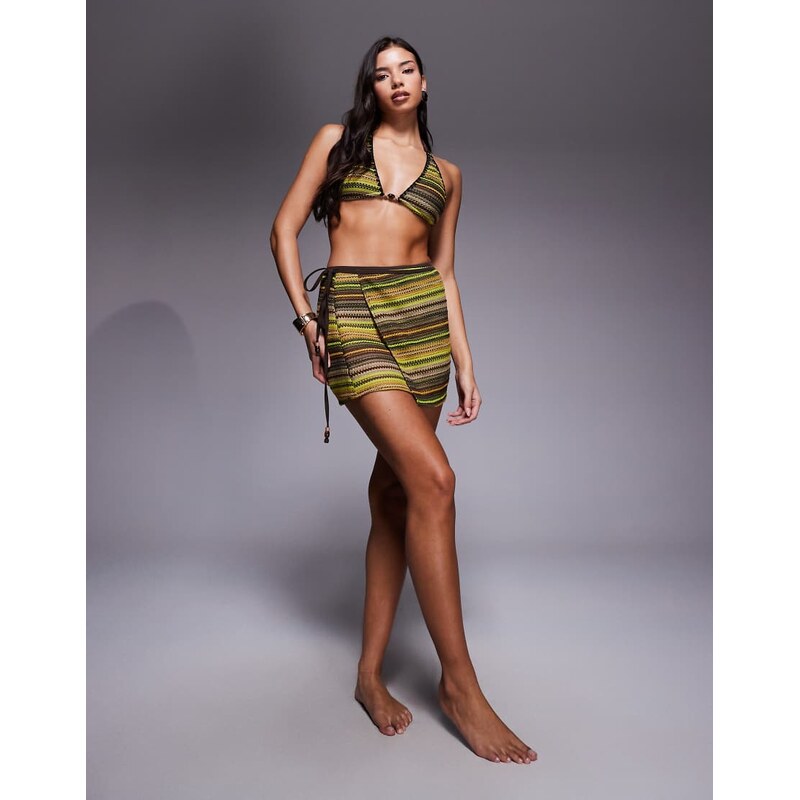 ASOS DESIGN Kenny crochet beach mini wrap skirt in multi stripe-Yellow