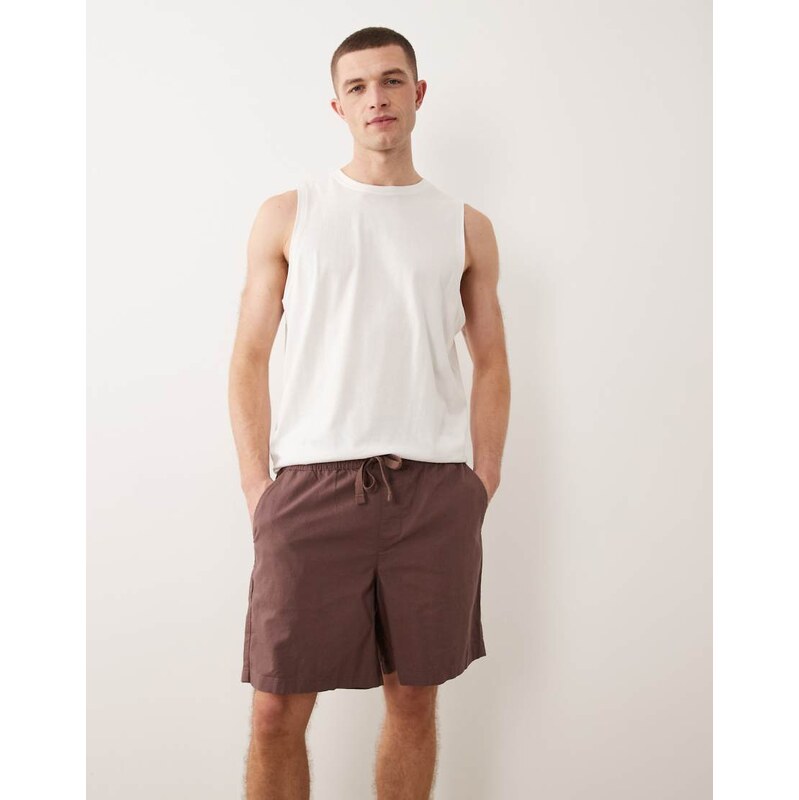 ASOS DESIGN linen blend shorts in mid length in brown