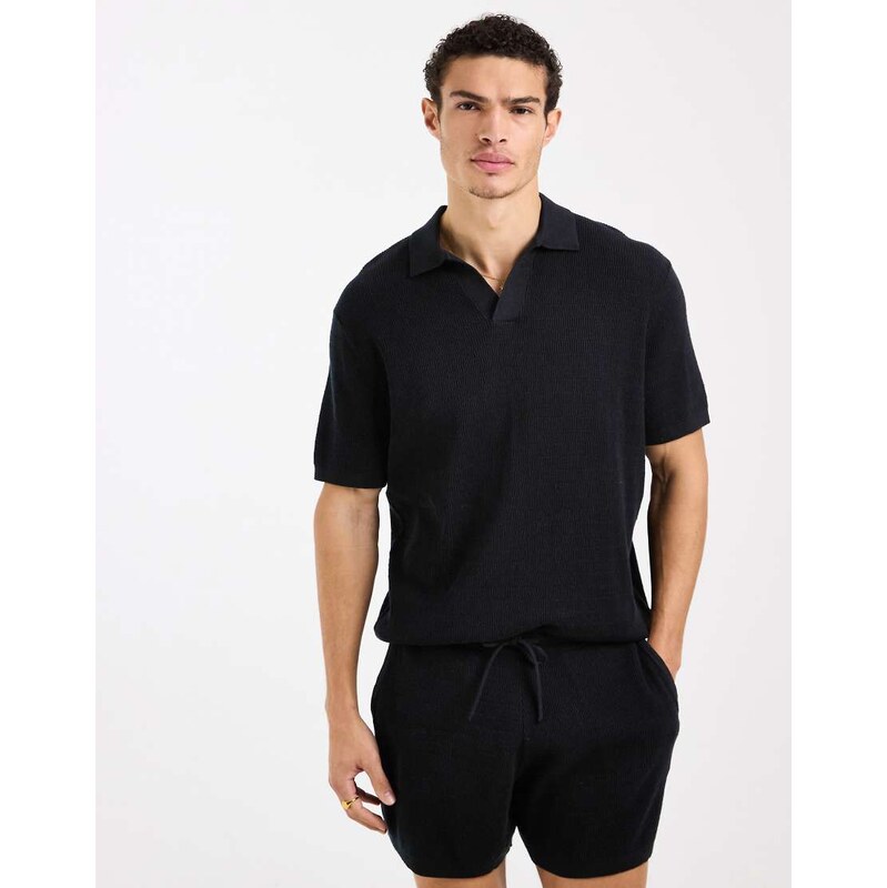 ASOS DESIGN relaxed knitted co-ord airtex notch neck polo in