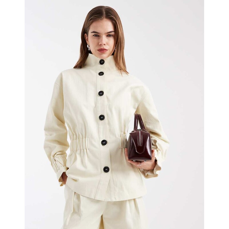 4th & Reckless cotton funnel neck button through shirred waist detail 114403727