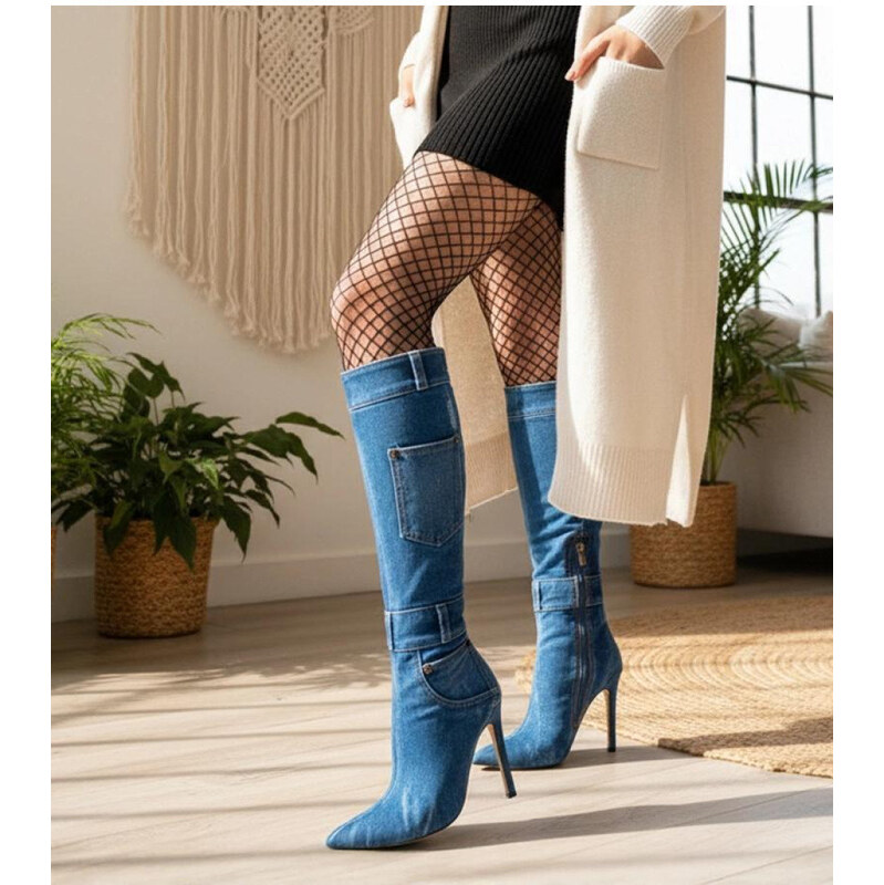 Dámské kozačky na podpatku SXX-5 Jeans modrá - Step in Style 114379106