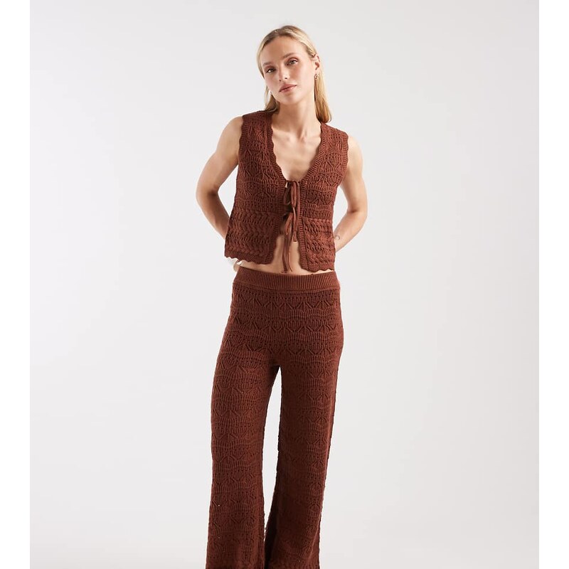 New Look Petite co-ord wave stitch trousers in rust-Brown
