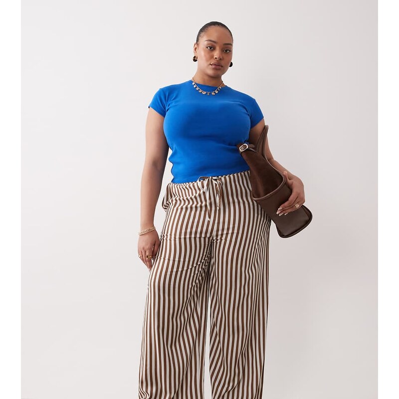 Esmee Curve tie front beach trouser in brown & cream stripe
