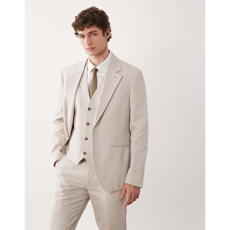 ASOS DESIGN slim suit jacket in linen rich stone twill-Neutral