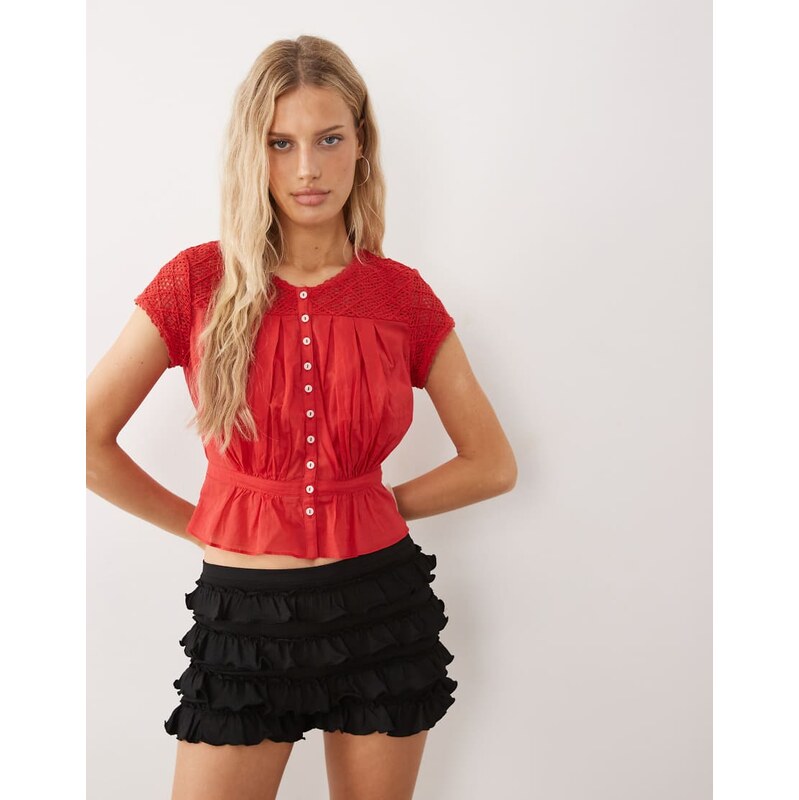 Free People button down embroidered short sleeve top in red 114385234