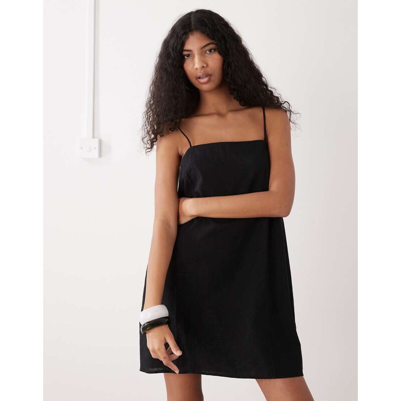Monki linen blend cami mini dress with pockets in black