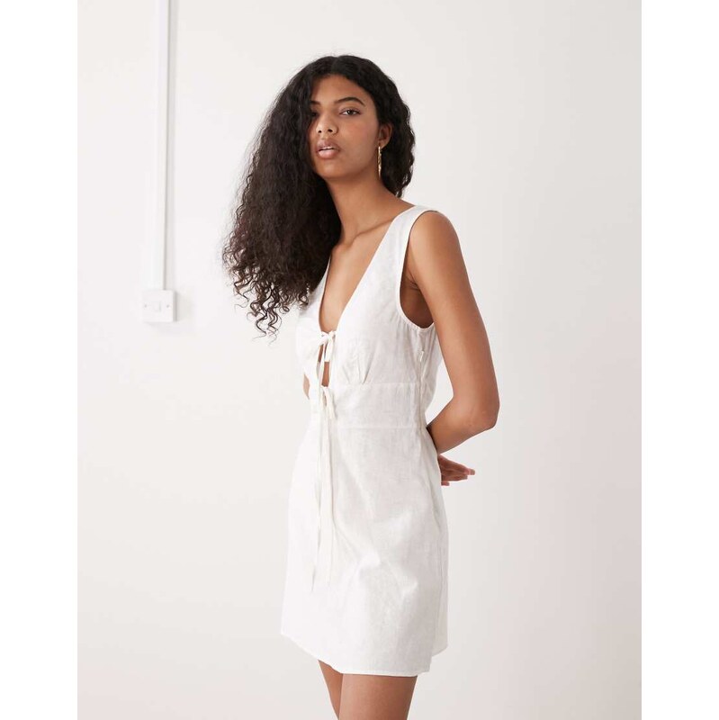 Monki linen blend tie front mini dress in white - WHITE