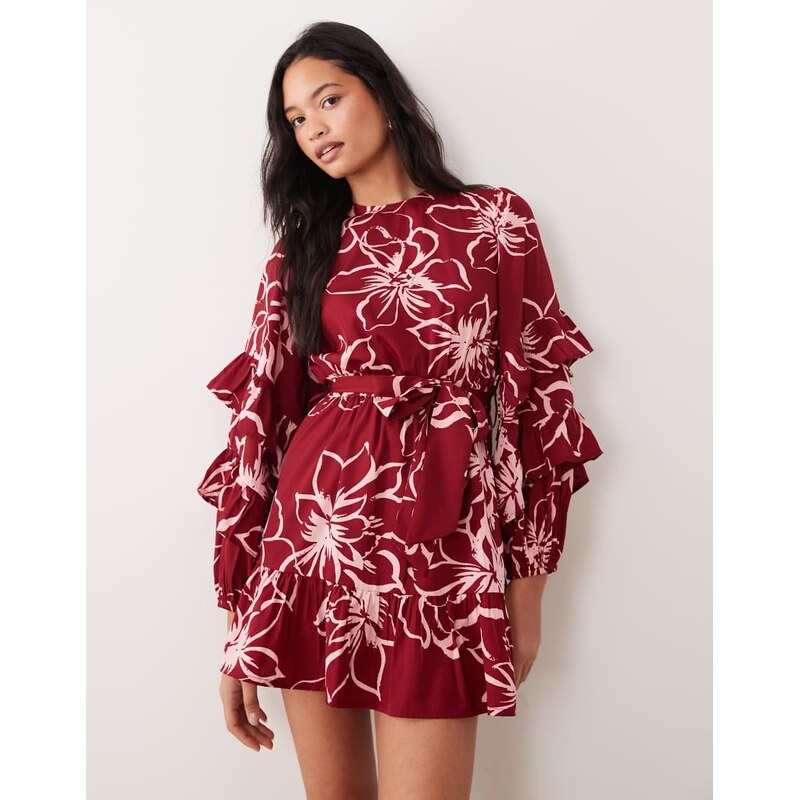 Wednesdays Girl tie waist long sleeve mini dress in fig floral