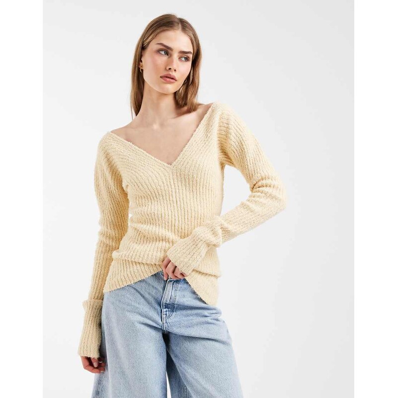 & Other Stories structured rib v neck knitted top in lemon