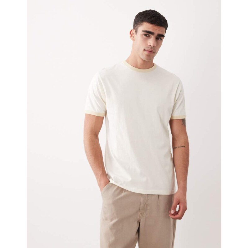 Threadbare crew neck ringer t-shirt in ecru-White