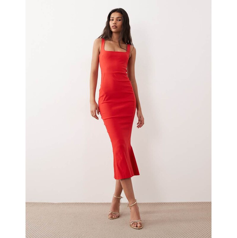 Vesper bengaline sleeveless square neck fishtail midi dress in red 115577389