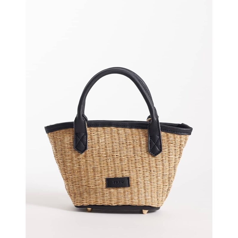 PASQ mini straw tote bag with crossbody strap in black and beige 114543931