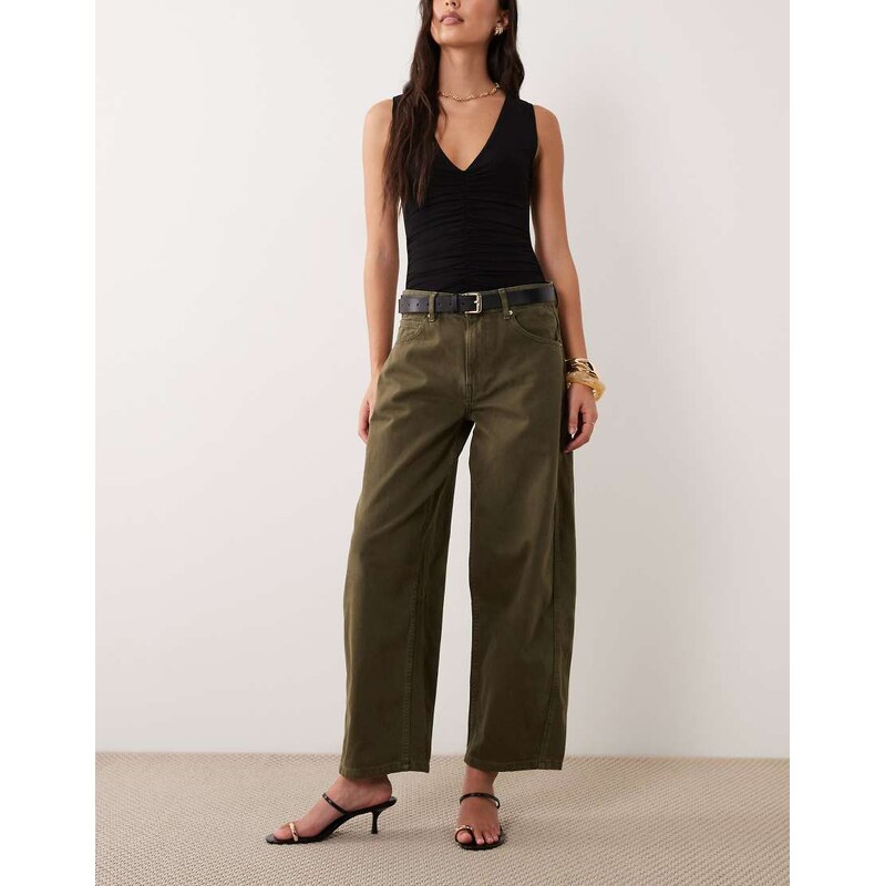 ASOS DESIGN low rise barrel jeans in khaki-Neutral