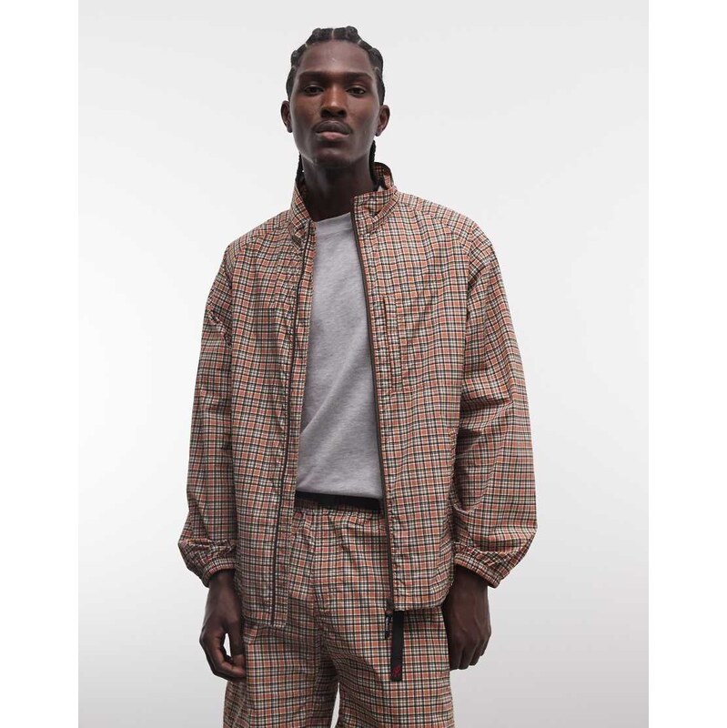 Gramicci checkered shell zip up jacket co-ord in brick check