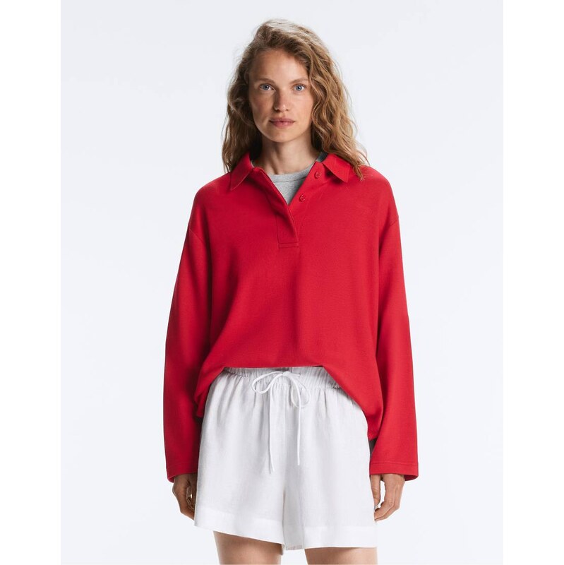 OYSHO Long sleeve pique polo shirt in bright red 114403980
