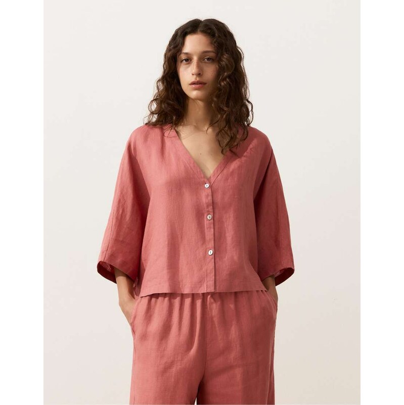 OYSHO 100% linen short-sleeve shirt in coral-Orange