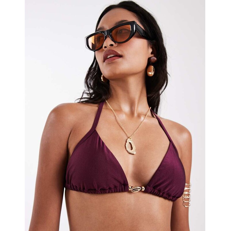 New Look shell trim triangle bikini top in burgundy-Red 115490505