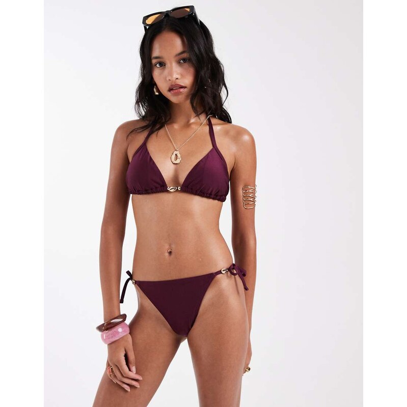 New Look shell trim tie side bikini bottoms in burgundy-Red 115487312