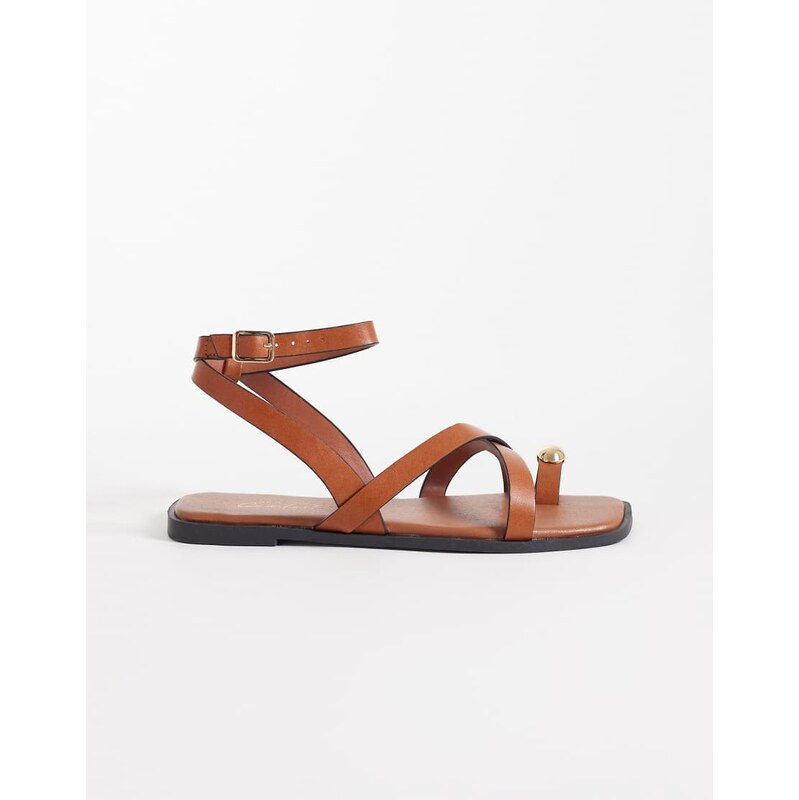 New Look multi strap gold detail toe loop sandal in tan-Brown