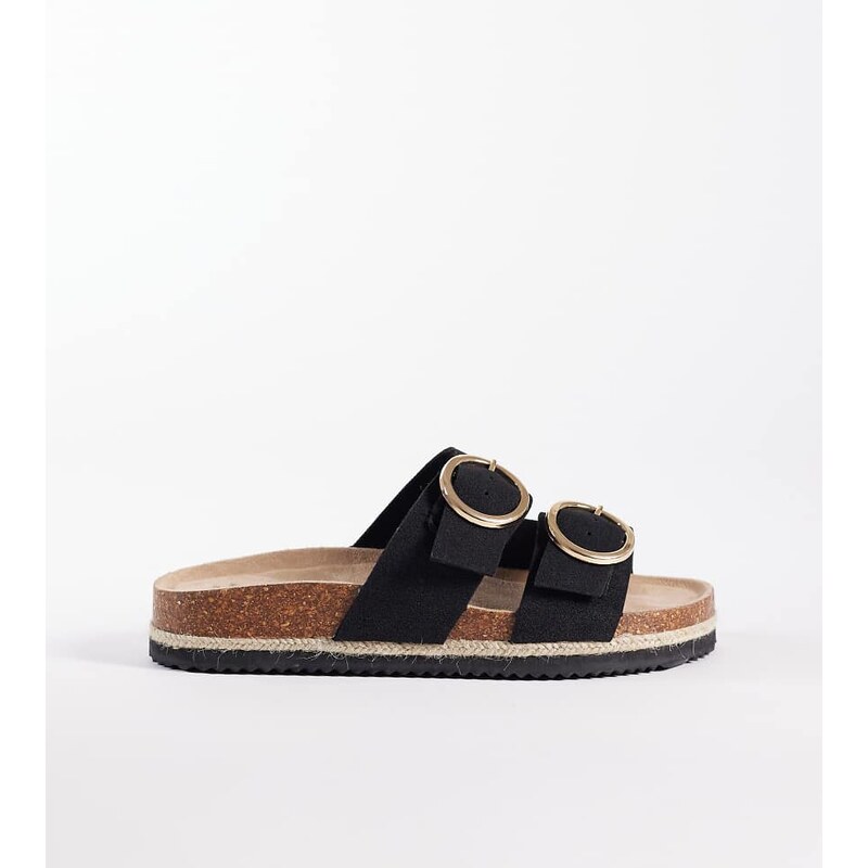 New Look Wide Fit double buckle jute sandal in black 114403682
