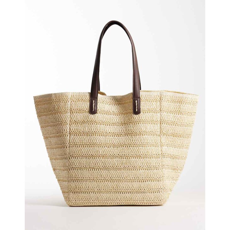 ASOS DESIGN straw oversized tote bag with pu handles-Neutral